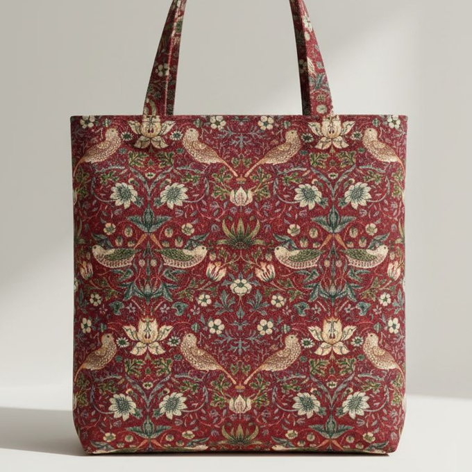 Tissu patchwork délicat avec motifs oiseaux et fleurs sur fond rouge sombre, pour sacs élégants, disponible chez Mille et Un Tissus à Moulins.