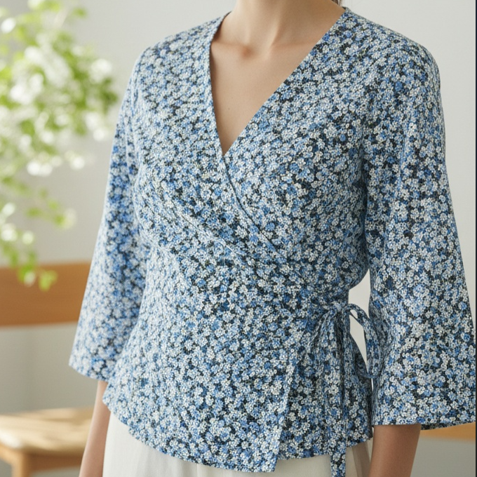 Tissu patchwork en coton bleu à petites fleurs délicates, idéal pour des ouvrages printaniers, disponible chez Mille et Un Tissus à Moulins.