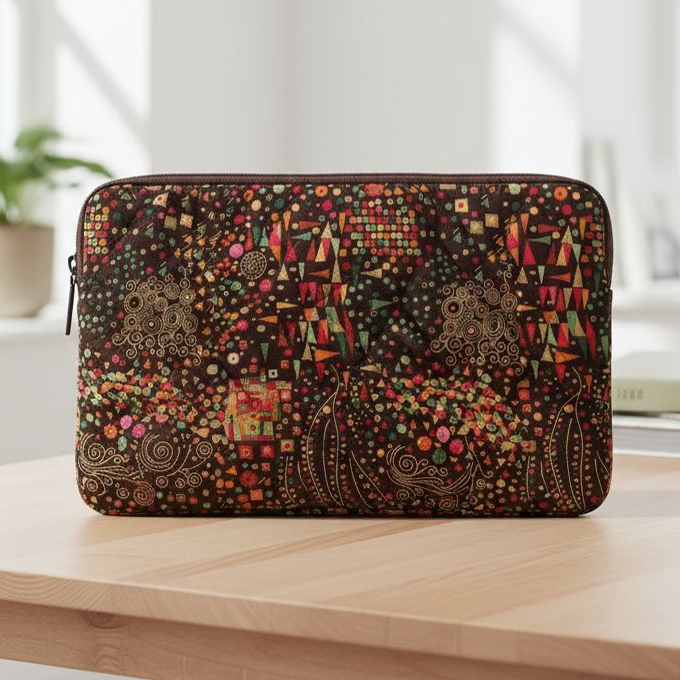 Tissu patchwork motifs graphiques complexes tons terre de sienne, idéal pour trousses et pochettes, disponible chez Mille et Un Tissus à Moulins.