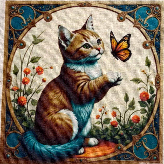 Panneau de tissu en coton composé de 4 carrés illustrant des chats avec papillons dans un style zen et fleuris disponible chez Mille et Un Tissus à Moulins.