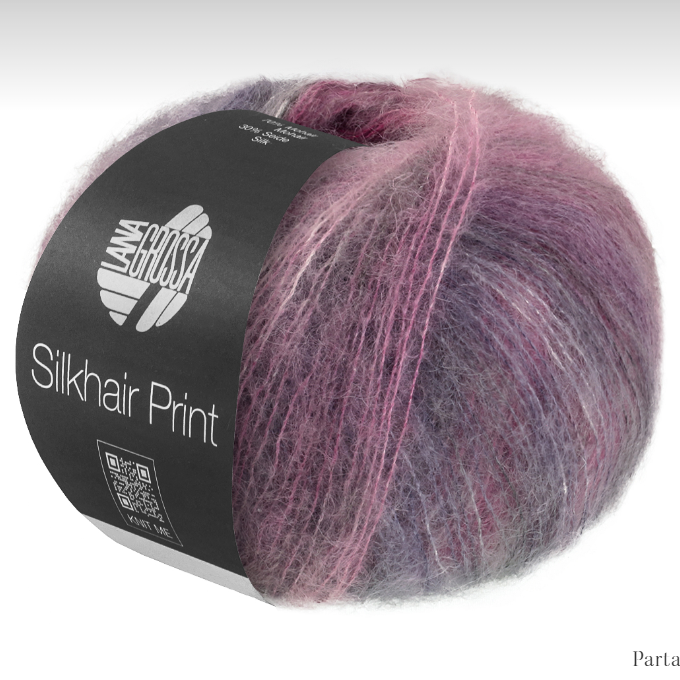 Laine Silkhair Print Lana Grossa coloris 435, mélange mohair et soie aux nuances de violet, prune et rose chiné, disponible chez Mille et Un Tissus à Moulins.