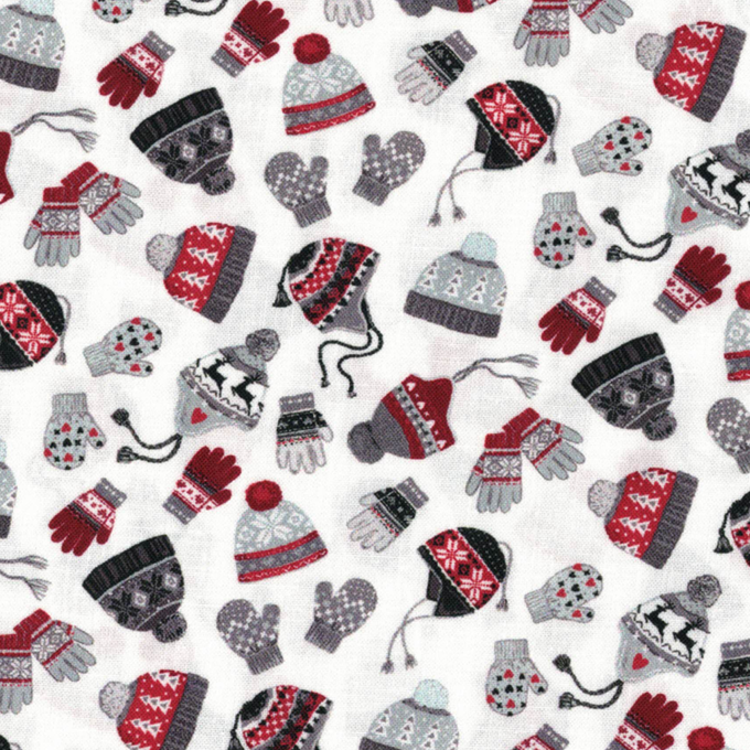 Tissu blanc aux motifs de petites moufles d'hiver colorées, idéal pour des accessoires de saison doux, disponible chez Mille et Un Tissus à Moulins.