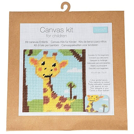 Kit canevas enfant motif girafe 17x17cm avec toile imprimée et fils assortis pour broderie demi-point débutant