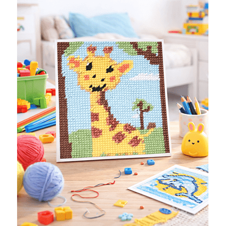 Kit canevas enfant motif girafe 17x17cm avec toile imprimée et fils assortis pour broderie demi-point débutant