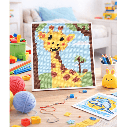 Kit canevas enfant motif girafe 17x17cm avec toile imprimée et fils assortis pour broderie demi-point débutant