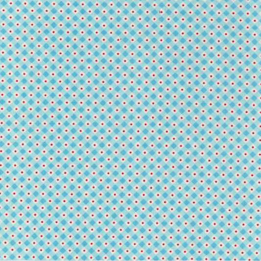 Tissu coton vichy turquoise et pois rouges