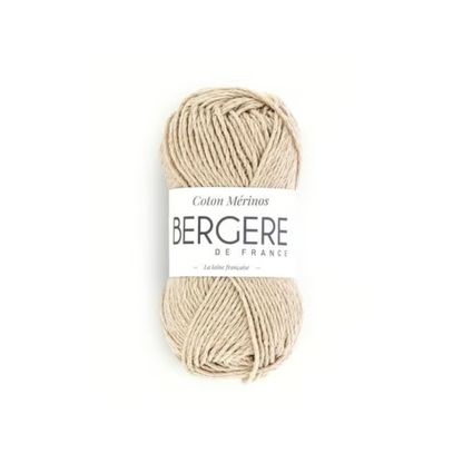 Pelote de fil Coton Mérinos coloris Amande de Bergère de France, 50g, composition 50% coton bio 50% mérinos