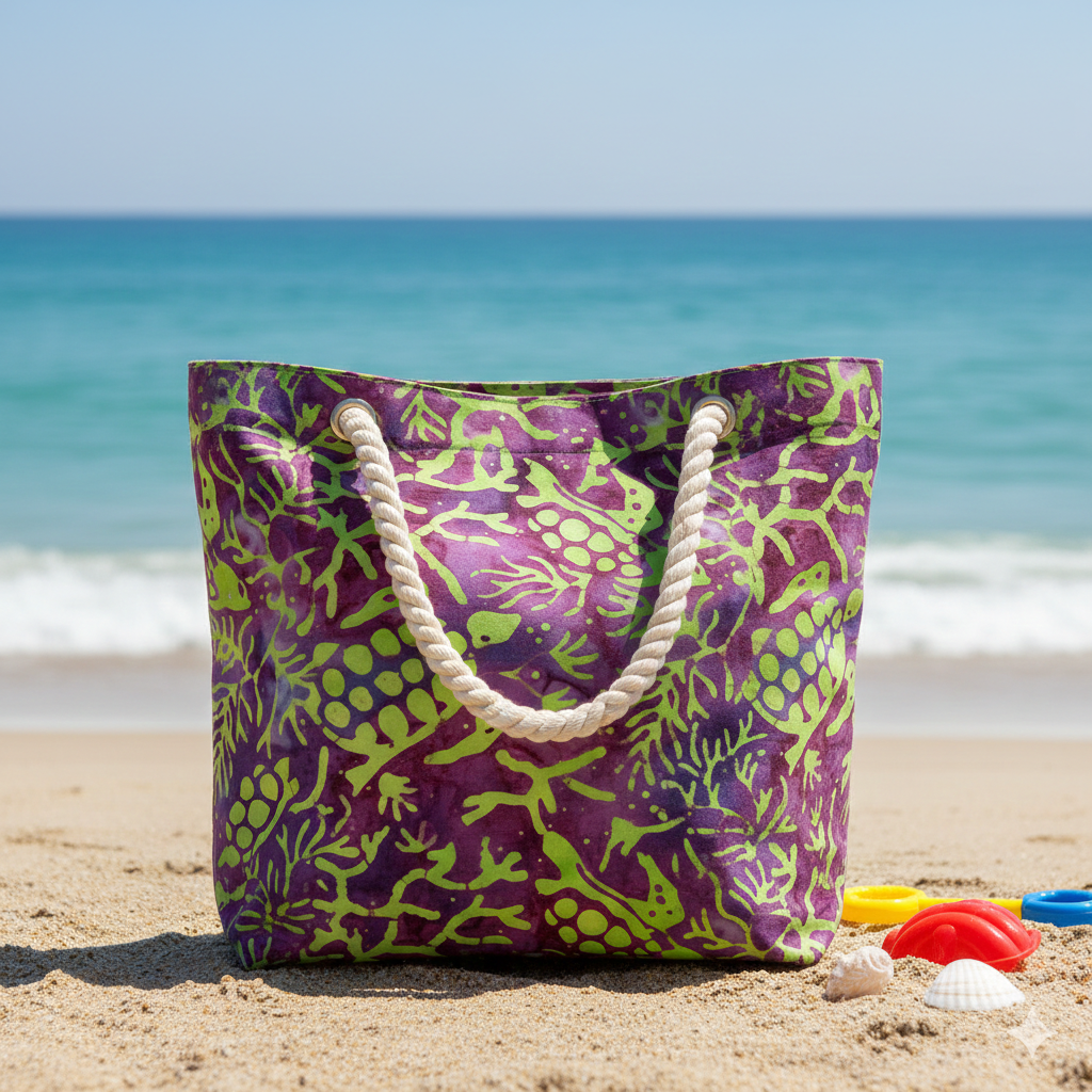 Tissu patchwork Batik violet avec motifs de tortues de mer vert fluo - 1001 Tissus.