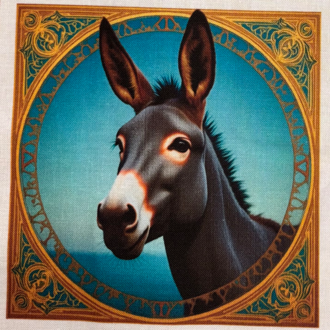 Panneau de tissu en coton composé de 4 carrés illustrant des animaux des ânes disponible chez Mille et Un Tissus à Moulins.