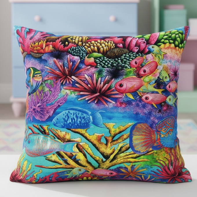 Tissu patchwork en coton aux motifs de corails colorés, idéal pour des créations estivales et le quilting, disponible chez Mille et Un Tissus à Moulins.