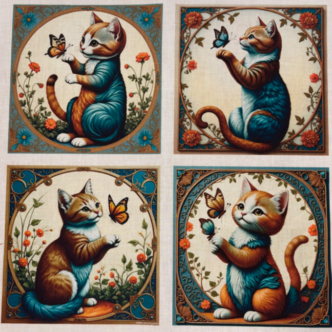 Panneau de tissu en coton composé de 4 carrés illustrant des chats avec papillons dans un style zen et fleuris disponible chez Mille et Un Tissus à Moulins.