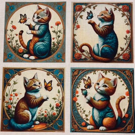 Panneau de tissu en coton composé de 4 carrés illustrant des chats avec papillons dans un style zen et fleuris disponible chez Mille et Un Tissus à Moulins.