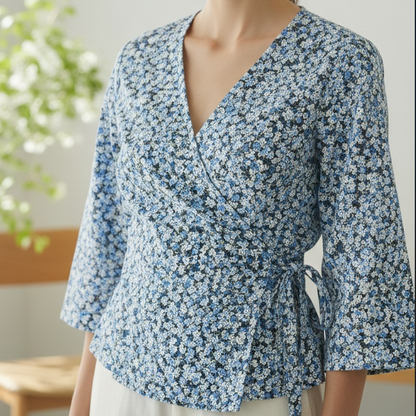 Tissu patchwork en coton bleu à petites fleurs délicates, idéal pour des ouvrages printaniers, disponible chez Mille et Un Tissus à Moulins.