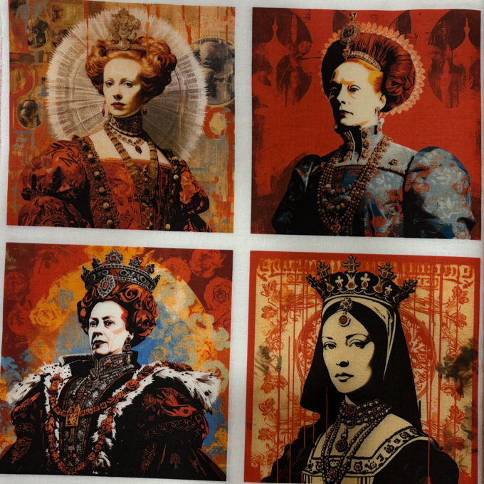 Panneau de tissu carré présentant quatre portraits de reines de style Renaissance et artistique, aux couleurs rouge brique et ocre avec un effet texturé.