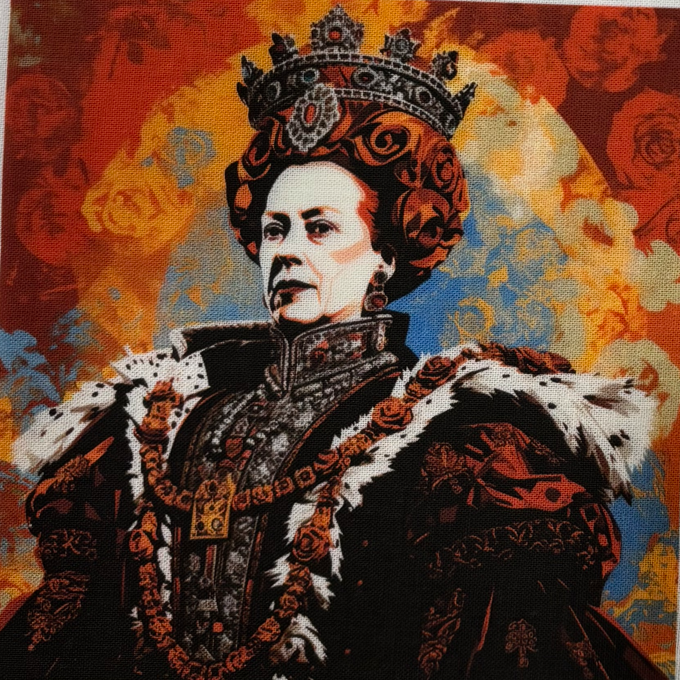 Panneau de tissu carré présentant quatre portraits de reines de style Renaissance et artistique, aux couleurs rouge brique et ocre avec un effet texturé.