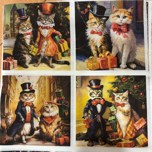 Panneau de tissu en coton composé de 4 carrés illustrant des chats en famille de manière chic disponible chez Mille et Un Tissus à Moulins.