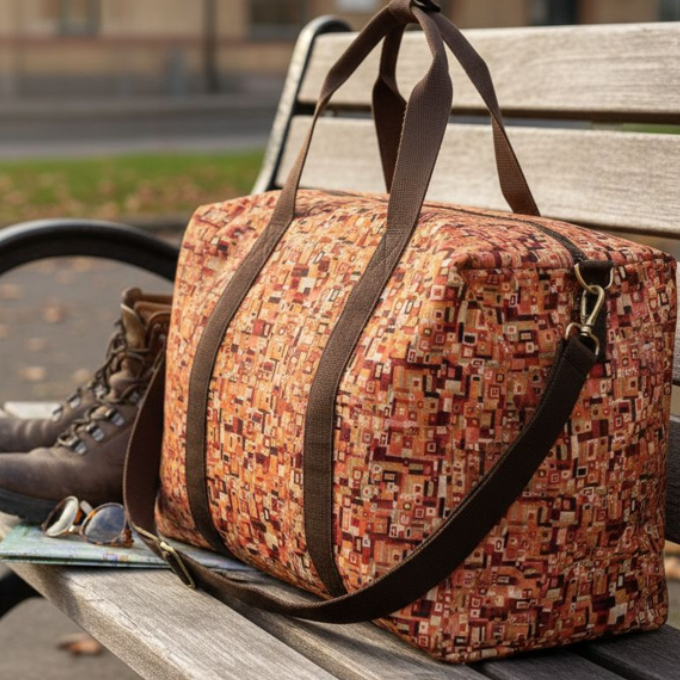 Tissu en coton motifs rectangles mosaïque tons chauds, parfait pour la confection de sacs de voyage, disponible chez Mille et Un Tissus à Moulins.