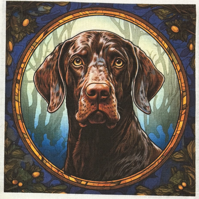 Panneau de tissu en coton composé de 4 carrés illustrant des chiens dans un style zen, disponible chez Mille et Un Tissus à Moulins.