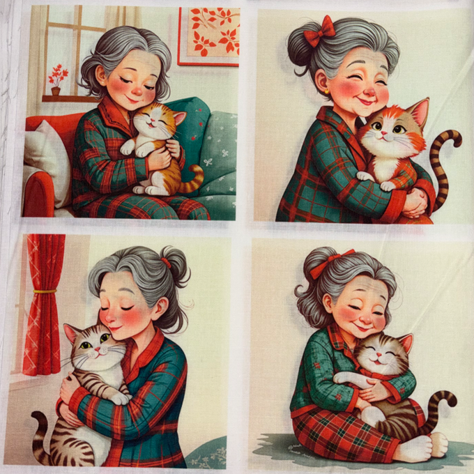 Panneau de tissu en coton composé de 4 carrés illustrant des mamies et son chat, disponible chez Mille et Un Tissus à Moulins.
