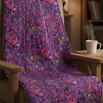 Tissu patchwork en coton motif corail et tortues tons violets et roses, de qualité supérieure, disponible chez Mille et Un Tissus à Moulins.