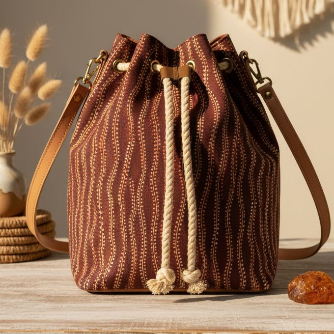 Tissu coton motifs lignes ondulantes verticales marron et ocre, parfait pour des pochons originaux, disponible chez Mille et Un Tissus à Moulins.