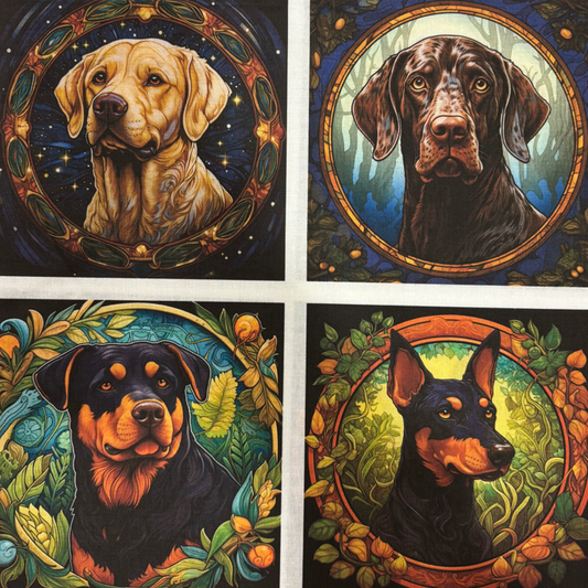 Panneau de tissu en coton composé de 4 carrés illustrant des chiens dans un style zen, disponible chez Mille et Un Tissus à Moulins.