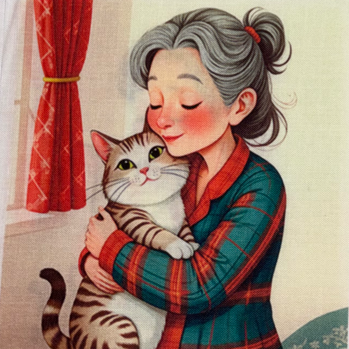 Panneau de tissu en coton composé de 4 carrés illustrant des mamies et son chat, disponible chez Mille et Un Tissus à Moulins.