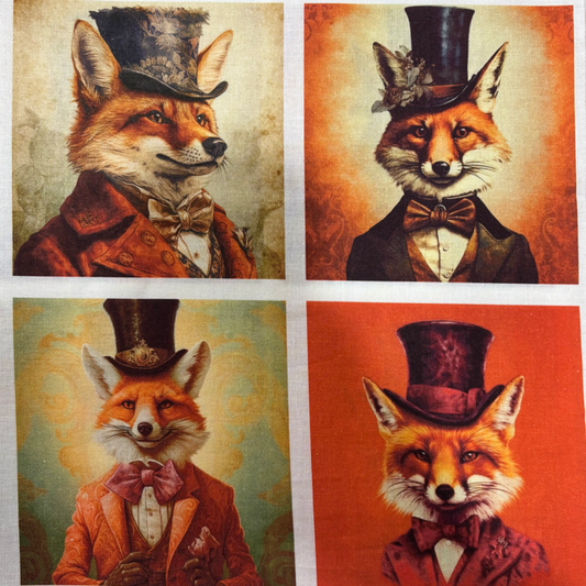 Panneau de tissu patchwork en coton composé de 4 carrés illustrant des renards en costume dans un style chic, disponible chez Mille et Un Tissus à Moulins.