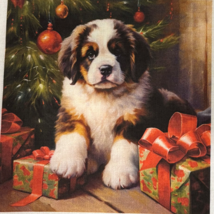 Panneau de tissu en coton composé de 4 carrés illustrant des chiens de Noël avec un style hivernal, disponible chez Mille et Un Tissus à Moulins.