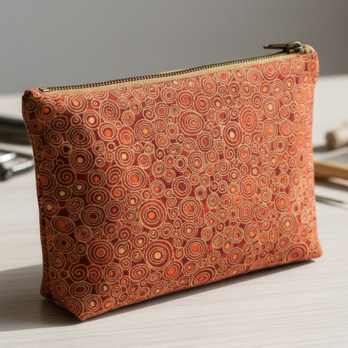 Tissu coton patchwork motifs tourbillons stylisés orange et brun, idéal pour accessoires d'automne, disponible chez Mille et Un Tissus à Moulins.