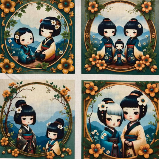 Panneau de tissu en coton composé de 4 carrés d'inspirations japonaises dans un style zen et fleuris, disponible chez Mille et Un Tissus à Moulins.