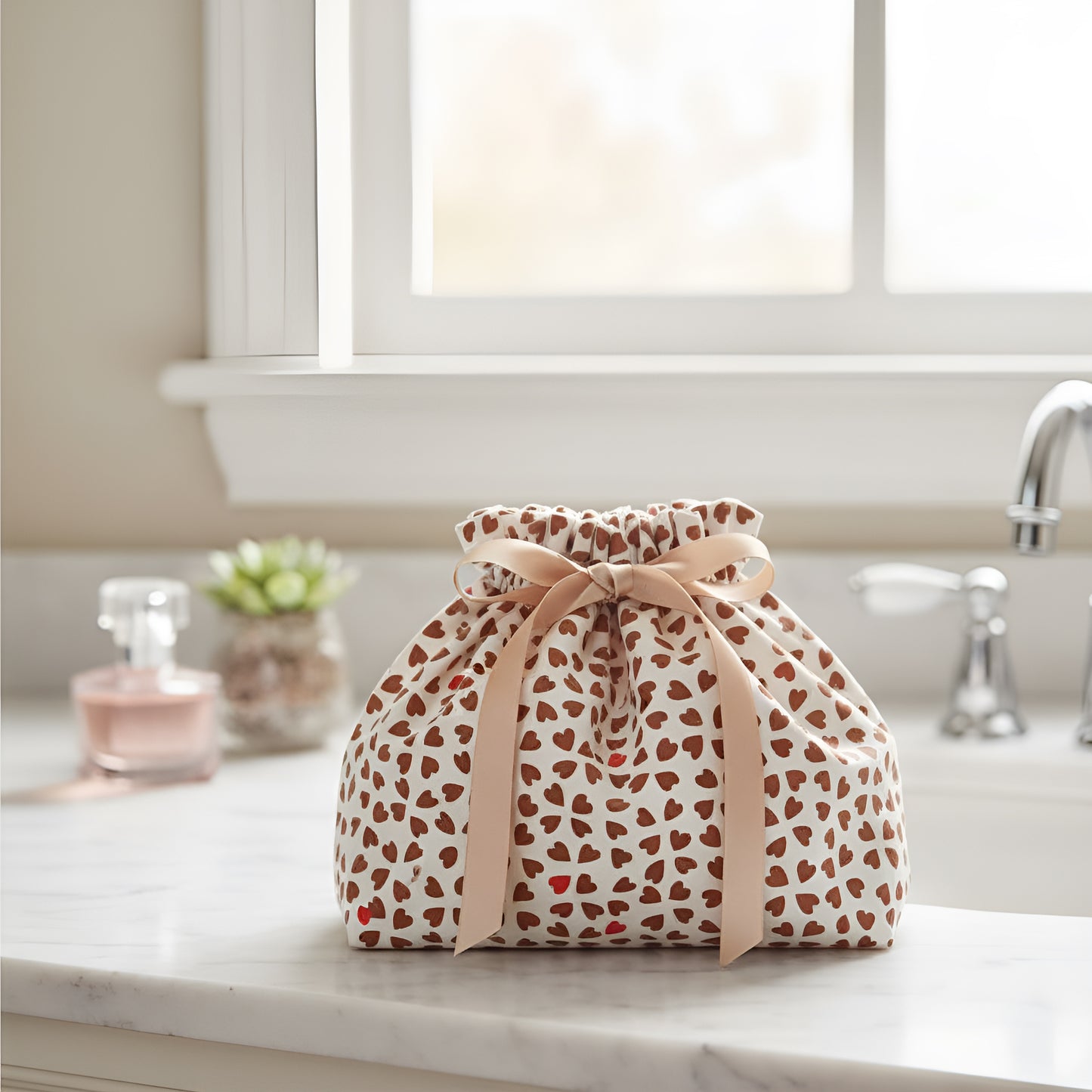 Tissu 100% coton cœurs marrons