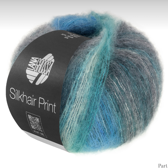 Mohair et soie Silkhair Print Lana Grossa coloris 437, camaïeu de bleu pétrole, turquoise et gris perle, disponible chez Mille et Un Tissus à Moulins.