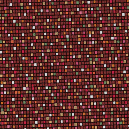 Tissu coton patchwork petits carrés colorés sur fond bordeaux, pour travaux d'aiguilles précis, disponible chez Mille et Un Tissus à Moulins.