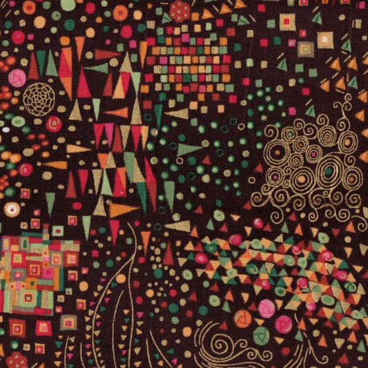 Tissu patchwork motifs graphiques complexes tons terre de sienne, idéal pour trousses et pochettes, disponible chez Mille et Un Tissus à Moulins.