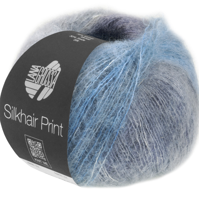 Pelote Silkhair Print Lana Grossa coloris 431, nuances de bleu ciel et gris bleuté vaporeux, mélange noble mohair et soie, disponible chez Mille et Un Tissus à Moulins.