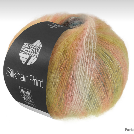 Laine mohair Silkhair Print Lana Grossa coloris 440, dégradé de beige sable et jaune moutarde doux, disponible chez Mille et Un Tissus à Moulins.