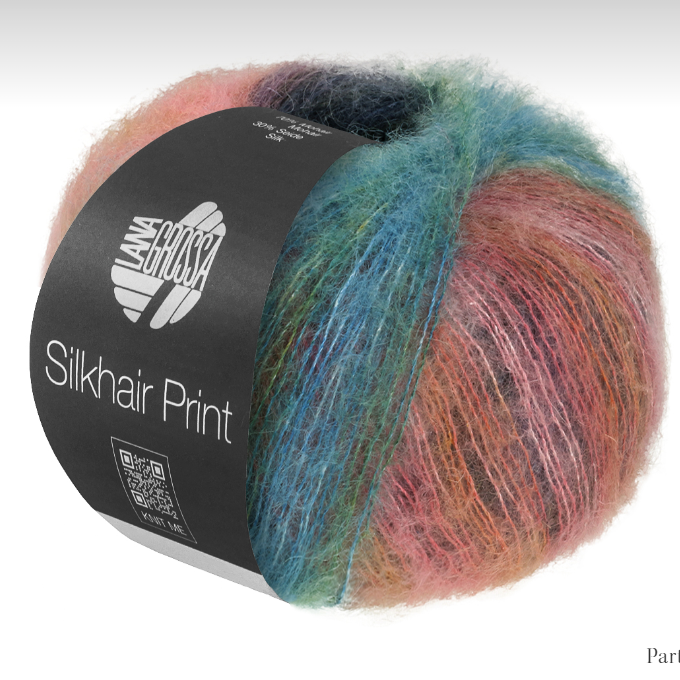 Fil à tricoter Silkhair Print Lana Grossa coloris 438, dégradé de tons automnaux terre de sienne et beige, mohair soyeux, disponible chez Mille et Un Tissus à Moulins.