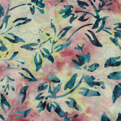 Tissu coton Batik à motifs de fleurs roses et feuilles turquoise - 1001 Tissus.