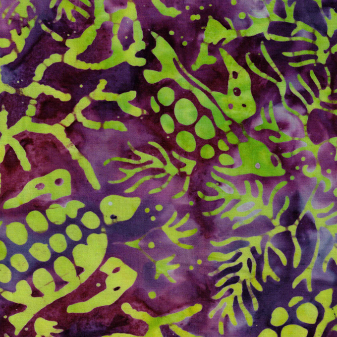 Tissu patchwork Batik violet avec motifs de tortues de mer vert fluo - 1001 Tissus.