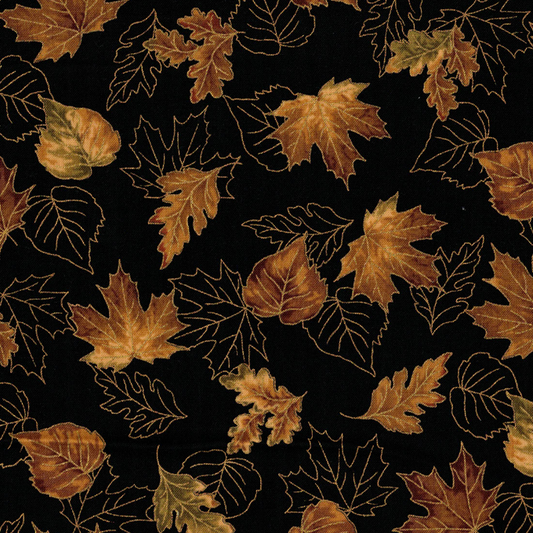 Tissu patchwork Feuilles Noir