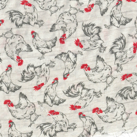 Tissu patchwork en coton motif poules style campagne, parfait pour la décoration de cuisine et tabliers, disponible chez Mille et Un Tissus à Moulins.