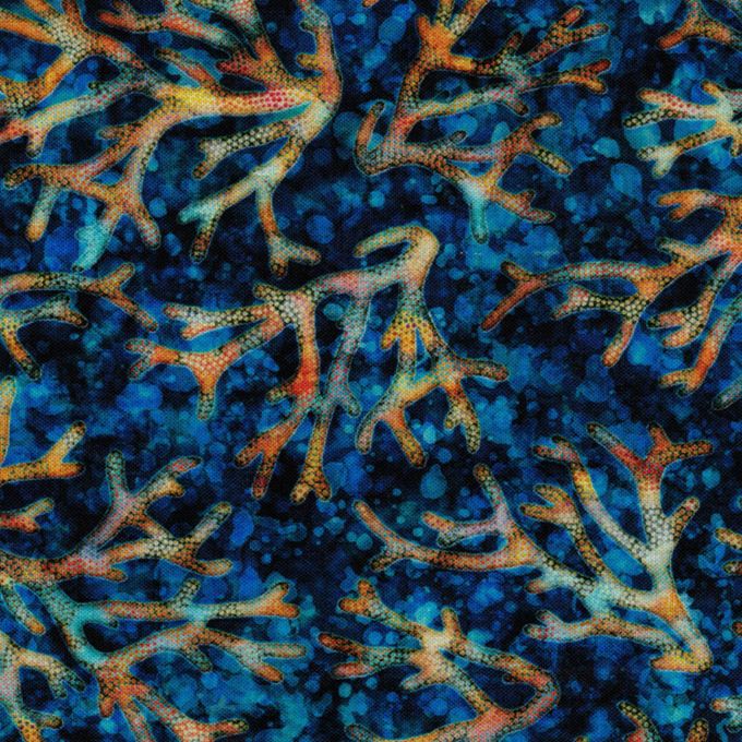 Tissu coton Batik bleu nuit avec motifs de coraux orange et jaune - 1001 Tissus.