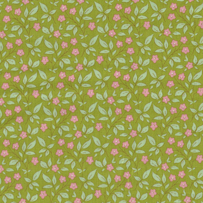 tissu tilda à fleurs roses sur fond vert olive