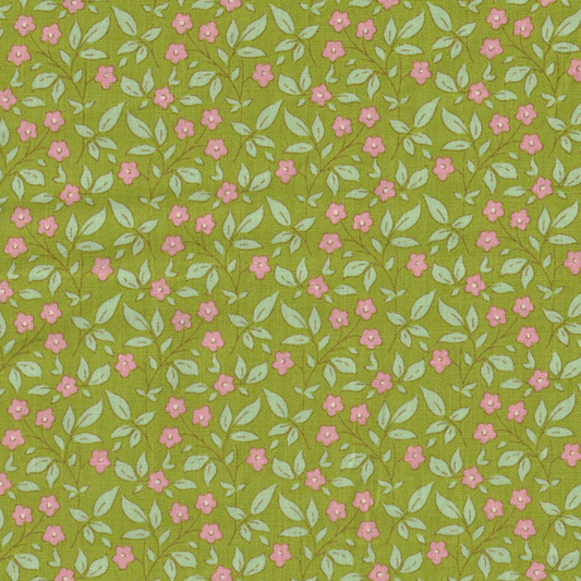 Tissu Tilda à fleurs roses sur fond vert olive