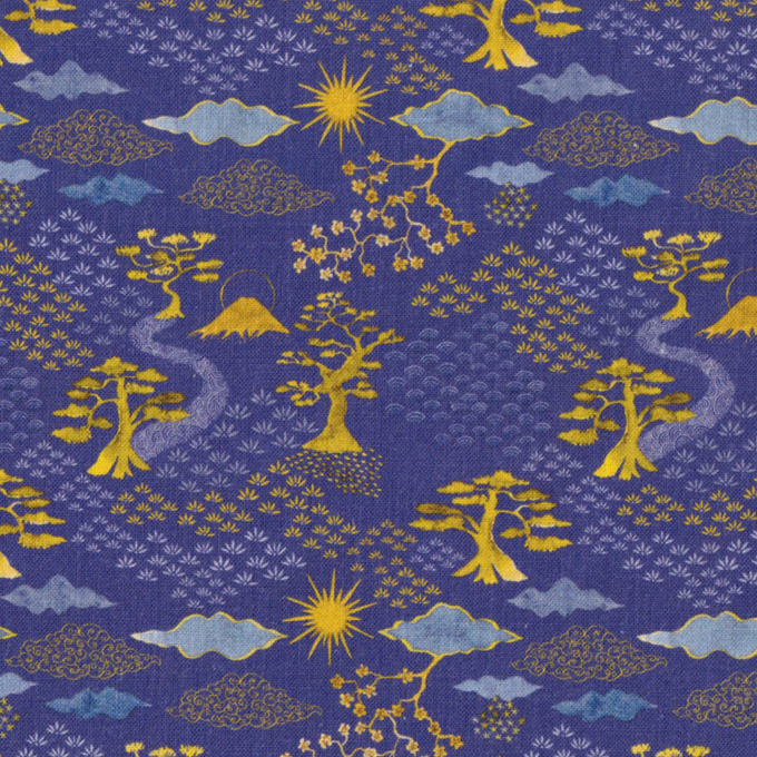 Tissu patchwork en coton bleu nuit aux motifs traditionnels japonais, idéal pour accessoires chics, disponible chez Mille et Un Tissus à Moulins.