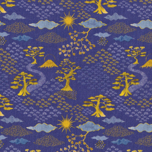 Tissu patchwork en coton bleu nuit aux motifs traditionnels japonais, idéal pour accessoires chics, disponible chez Mille et Un Tissus à Moulins.