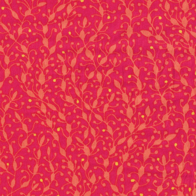 Tissu coton rouge framboise avec délicats motifs de feuillage dorés, idéal pour la confection d'accessoires élégants, disponible chez Mille et Un Tissus à Moulins.