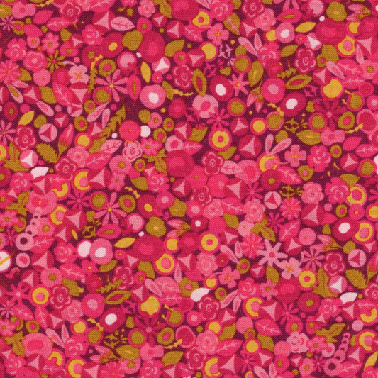 Tissu coton aux motifs floraux stylisés rose framboise et orange, pour un look moderne et vitaminé, disponible chez Mille et Un Tissus à Moulins.