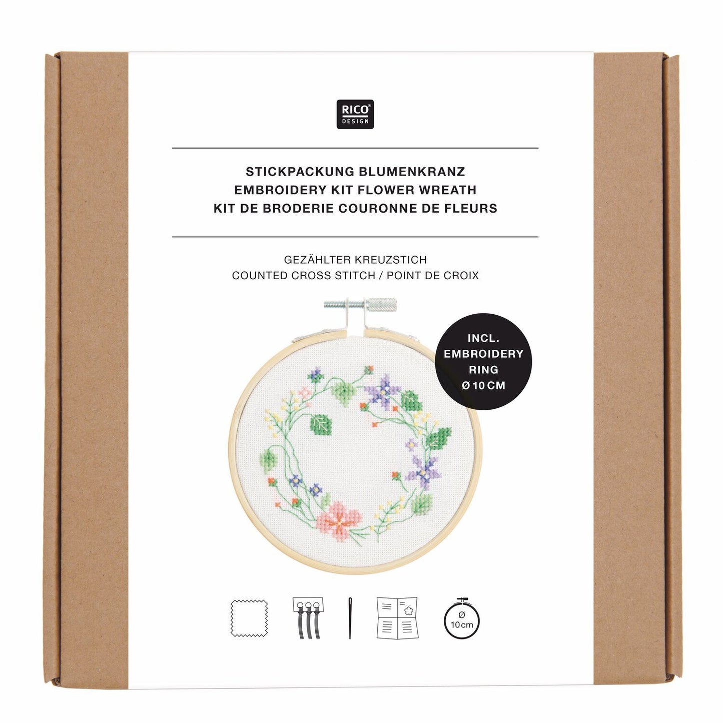 Rico Design Kit de broderie au point de croix compté « Couronne de fleurs »